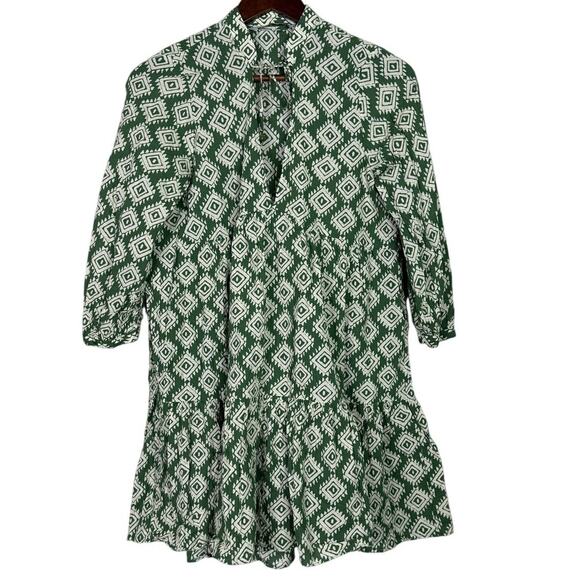 Zara Oversized Cadie Geometric Print Tiered Pleated Mini Dress Tie XS Green - Picture 13 of 15